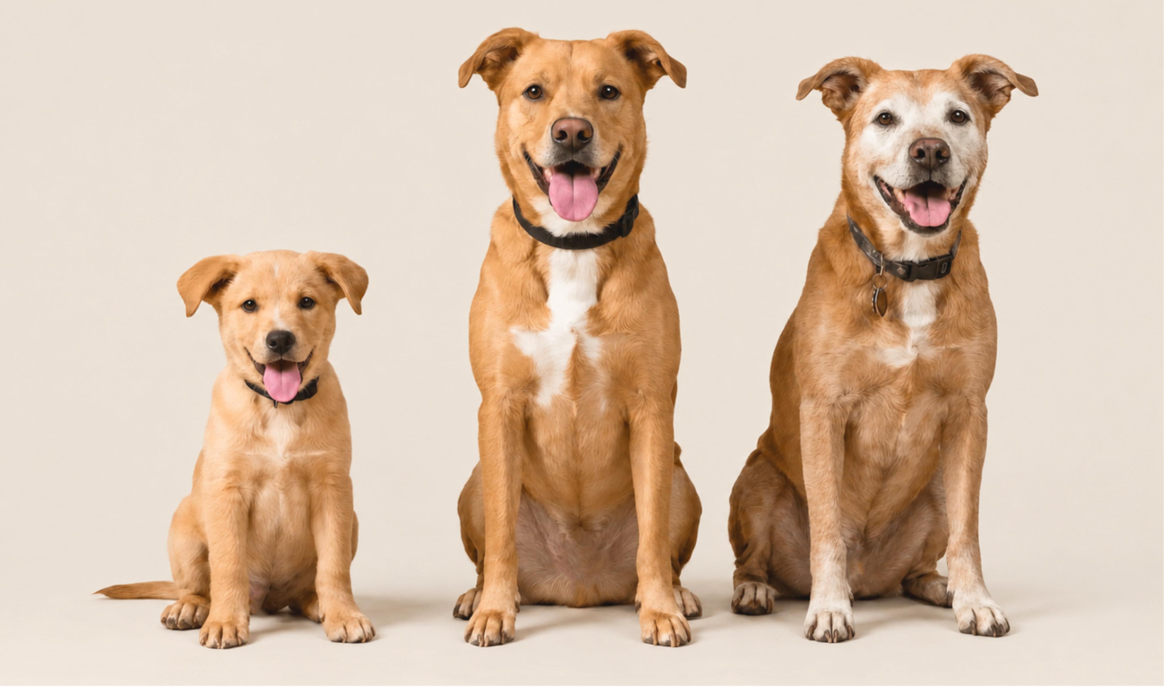 A puppy, an adult dog and a senior dog sitting side by side